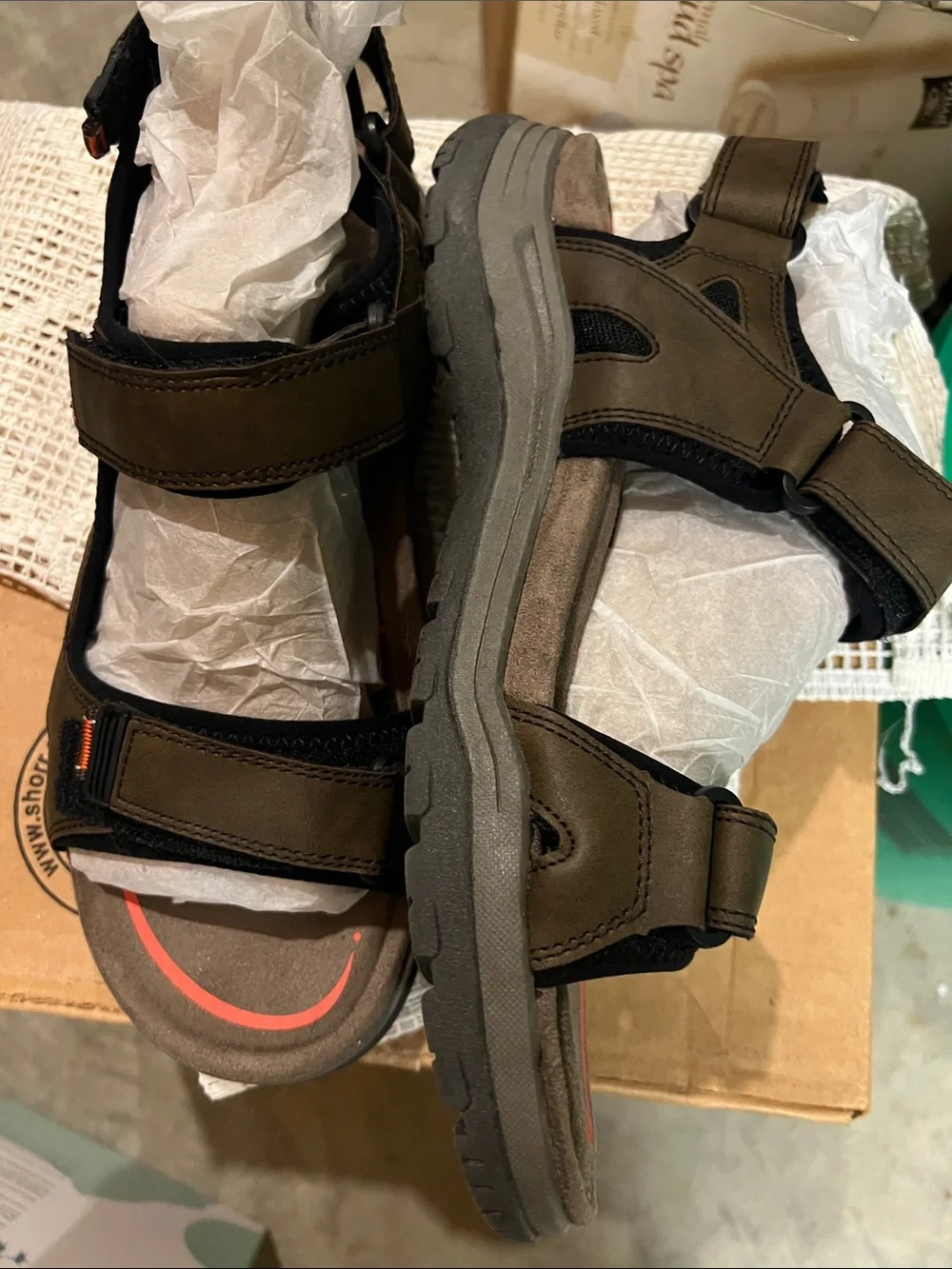 Earth Origins Men's Olive Brown Leather Sport Sandals with Coral Accents